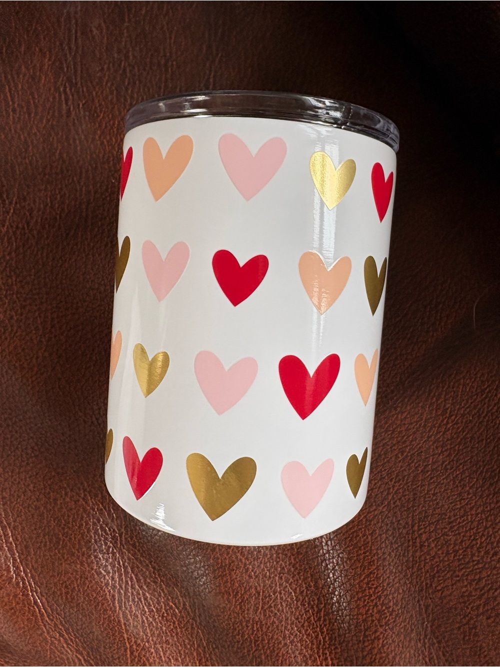 Small White Insulated Travel Tumbler with Red, Gold, and Pink Hearts